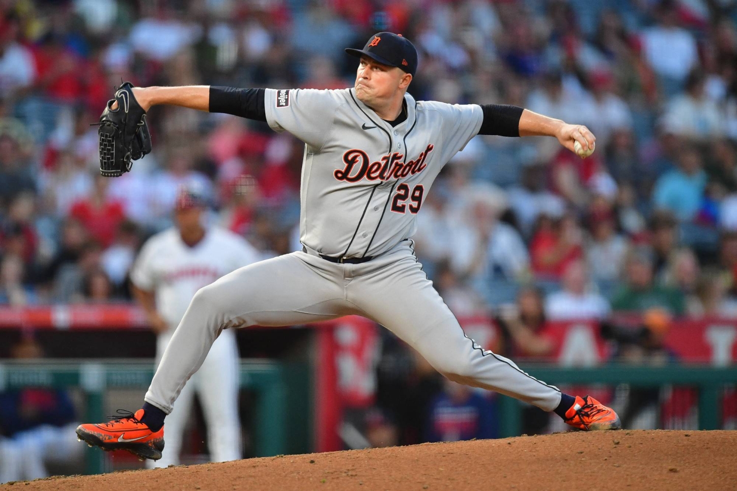 Tarik Skubal pitches for the Tigers during a game against the Angels in Anaheim, California, on July 18